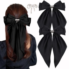 Big Bow Hair Clips for Women And Girls, Cute Silky Satin Bows Barrettes Hair Accessories Oversized Long Tail Ribbons Metal Hairpin 2pcs (black+black)