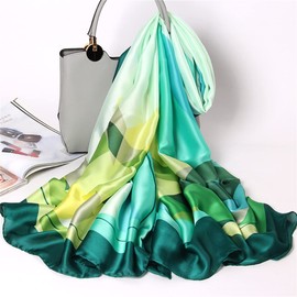 Silk Scarf Women Chiffon Shawl Lotus Scarf Neckerchief Long Head Wrap Thin Scarf Beach Women Hijab Belt Vintage Bridal Shawl Binder Chiffon Scarf Colorful Cloth White Green180*90CM (Blue-green)