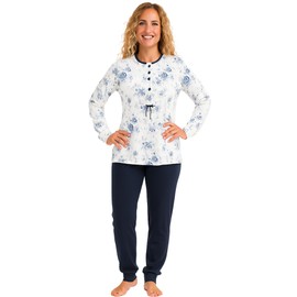 Leedya Women's Winter Pyjamas 100% Cotton - Long Sleeve Set with Buttons or Cuffs - Various Colours Floral Patterns - Soft and Comfortable for Night, 874 Black, M