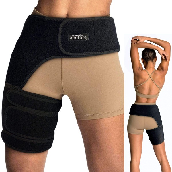 Vriksasana Groin Hip Brace | Sciatica Support Wrap | Hamstring Compression Sleeve for Men and Women for Pulled Quadriceps Thigh Muscle, Hip Flexor Strain, Bursitis and Arthritis (Left Leg)