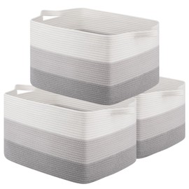 OIAHOMY Rectangle Woven Storage Basket - Nursery Cotton Rope Baskets for Storage, Toy Basket Organizing for Living Room, 17.7"x13.8"x11"- Pack of 3 - Gradient Gray