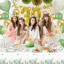 YIMAKJ 30th Birthday Decoration, 30th Party Decoration Birthday, 100 Pieces Eucalyptus Decoration Party Tableware Set, Green Birthday Decoration with Paper Plates, Paper Cups, Balloons, Tablecloths