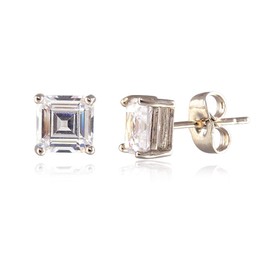 [RIZILIA CLASSIC] Stud Pierced Earrings with Square Emerald Cut Gemstones CZ [White Topaz] in 18K White Gold Plated, Simple Modern Elegant