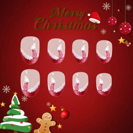 Christmas Press on Nails Short Oval Xmas Fake Nails with Santa Hat French Tip Designs Red White Giltter Glue on Nails Cute Glossy False Nails Press ons Acrylic Stick on Nails for Women Girls 24 Pcs