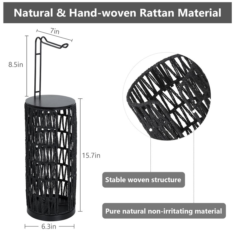 Black Freestanding Toilet Paper Holder with Storage,3 Rolls of Tissue