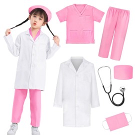 AOTYP Pretend Doctor, Children's White Coat, Children's Costume, Halloween Costume, Doctor, Cosplay, Stethoscope Included, 6-Piece Set, Cultural Festival, Stage, Performance, Pink 110