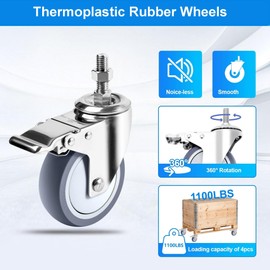 Fixhando Stainless Steel Caster Wheels 4 inch, 3/8"-16x1 Threaded Stem Locking Casters Set of 4, Non-Marking Slient TPR Rubber Wheels for Furnitures,Restaurants,Labs,Hospitals