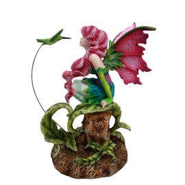 Ebros Gift Amy Brown Magenta Fern Forest Fairy with Flirting Hummingbird Figurine 6" H Fairy Garden Elf Fairies Pixies Enchanted Woods Collection