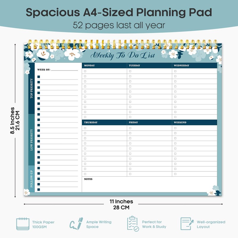 Weekly To Do List Notepad with 52 Undated Sheets（8.5"×11"）- Weekly