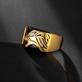 Gold Lion Ring Stainless Steel Vintage Black Onyx Ring for Man Fashion Punk Animal Jewlery Size 9