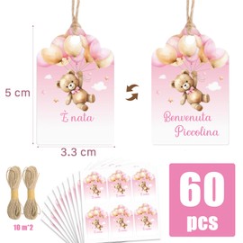 BETESSIN Gift Tags for Birth - Pack of 60 Gift Tags with Bear Motif - Italian Tag Labels - Baby Shower Gift Packaging (Pink)