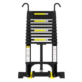 Wolec Telescoping Ladder,14.5FT Aluminum Portable Extension Ladder w/Hooks, Stabilizers& Wheels, Heavy Duty 330lbs Max Capacity, Collapsible Telescopic Ladder for Rv, Roof, Attic, Outdoor -Black