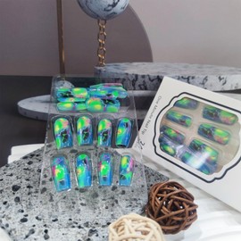 White Curve Line Acrylic Fake Nail 24Pcs Blue Ombre Stick on Fingernails Marble Press on Nails Glossy Green Gradient Medium Square False Nails Pink Lightning Gel Glue on Nail for Coquette Women Girls