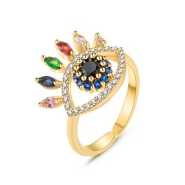 Winssigma Evil Eye Ring for Women, Gold Plated Colorful Cubic Zirconia Turkish Faith Protection for Women(Evil Eye A)