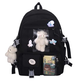 Jywmsc Kawaii School Backpack for Girls Women Cute Aesthetic Backpack School Book Bag with Pin and Accessories (White), black