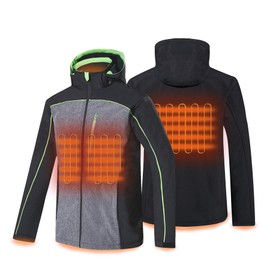 CONQUECO Heated Jacket for Men Soft Shell Hoodie Jacket for Outdoors winter with rechargeable battery pack (Black, XL)