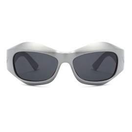 LJCZKA y2k Wrap Around Sunglasses for Men and Women, Sports Sunglasses, Cycling Glasses, Quick Glasses, Y2K with UV Protection, silver frame gray lens