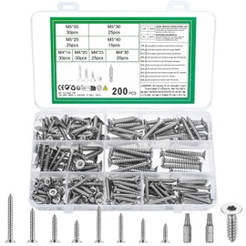 Pack of 200 M4 M5 self-tapping screws, Torx wood screws with Torx drive, chipboard screws set, countersunk screws, stainless steel screws, flat head screws assortment