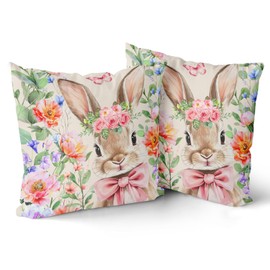 Giwawa Easter Bunny Throw Pillow Covers 18x18 Inch Set of 2 Cute Rabbit Spring Pillow Case Watercolor Pink Blue Floral Easter Themed Decorative Cushion Covers for Couch Sofa Farmhouse Decor