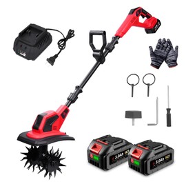 Cordless Tiller Cultivator, 360RPM Electric Garden Tiller with 2×3.0AH Batteries & 1.5A Fast Charger, Battery Powered Garden Cultivator, 9.5In Tilling Width & 6.7In Depth Garden Rototiller