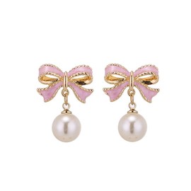 Hypoallergenic Pink Bow Pearl Christmas Stud Earrings for Women Teen Girls Senstive Ear Dainty Cute 925 Sterling Silver Post Enamel BowKnot Studs Fashion Jewelry Festival Party Gift Daughter Her,