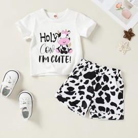 YOUNGER TREE Toddler Baby Girl Clothes Summer Outfits Cute Cow Printed T-shirt and Shorts 2pcs Little Girls Clothing (Cute Cow, 4-5 T)
