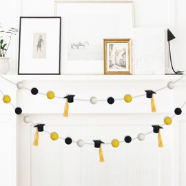 Graduation Hat Felt Ball Garland，Graduation Hat Party Decor Banner for 2023 High School College Grad Party Banner Felt Ball Garland (Black Gold White with Gold Tassels)