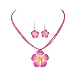 Hawaiian Plumeria Rubra Earrings Necklace Set Bohemia Tropical Flower Dangle Earrings Luau Beach Party Accessories for Women Jewelry-Deep Pink