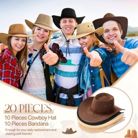 Coume 10 Set Cowboy Hat and Bandana for Women Men 10 Felt Cowgirl Cowboy Hat Bulk 10 Western Bandanas for Adult Costume Party(Brown Series,Flax Style)