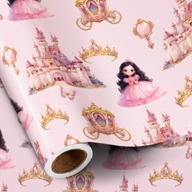 RUSPEPA Princess Wrapping Paper Roll for Girls, Mini Roll, Pink Gift Wrap with Castle, Crown, Carriage and Princess Design, Perfect for Birthday, Baby Shower, Pink Party, 17 Inches x 16.4 Feet