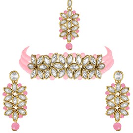 Aheli Pearl Faux Kundan Gargantilla Collar con Pendiente Maang Tikka Indio Tradicional Bollywood Étnico Conjunto de Joyería Nupcial para Mujer (Rosa)