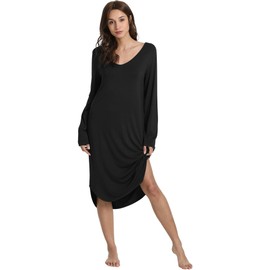 GYS Womens Bamboo Viscose Long Sleeve Nightgown Soft Comfy V Neck Long Night Shirts Sleepwear, Black, X-Large