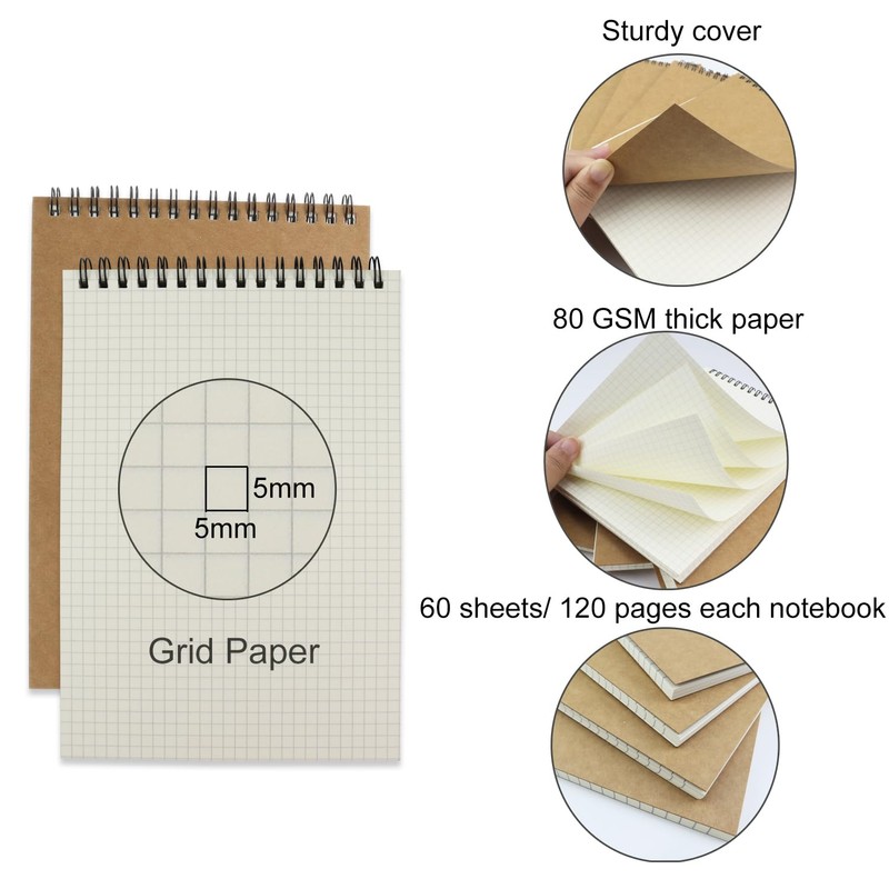 Aacehlh 4 Pack Graph Paper Notebook, A5 Top Wirebound Grid
