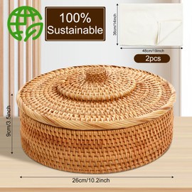 Wenqik 10 Inches Tortilla Warmer 2 Cotton Towel Cloth Handcrafted Rattan Tortilla Holder with Lid Rustic Mexican Tortilla Basket for Pancake Taco Bread (Classic Style)