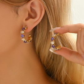 AVEKENY Gold CZ Stud Earrings for Women 18K Gold Plated Dainty Green Red Purple Rectangle Cubic Zirconia Stainless Steel C Shape Open Half Huggie Hoop Earring Hypoallergenic Trendy Lightweight Birthstone Jewelry