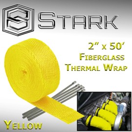 Stark 2" x 50FT Exhaust Header Fiberglass Heat Wrap Tape w/ 5 Steel Ties - Yellow (H)