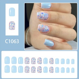 QEYRIYI Summer Light Blue Flowers Press on Nails Short Square Fake Nail with Floral Designs Light Blue False Nails Acrylic Glue on Nail Glossy Full Cover Artificial Stick on Nail for Women 24 Pcs