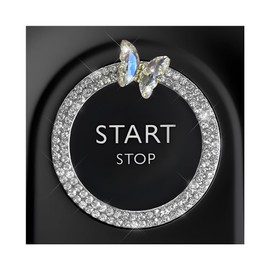 ZNDAW Butterfly Bling Ring Emblem Car Accessories, Crystal Double Rhinestone Engine Start Stop Decoration, Sparkling Push to Start Button Cover Key Ignition & Knob Ring Decal for Women (White)