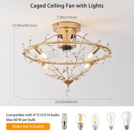 Ganeed 23.6 Inch Gold Crystal Fandelier Ceiling Fan with Light, Chandelier Ceiling Fan with Lights Remote Control, Modern Crystal Fandelier 6 Speeds for Girl's Bedroom Nursery Living Room Kitchen