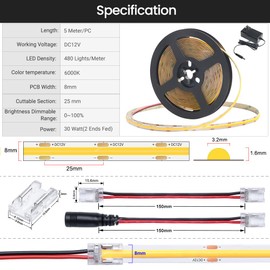 Nicelux COB LED Light Strip Cold White 6000K Sun Light DC12V 5 Meters/16.4 FT Long 8MM/ 0.32 Inch Wide Dimmable for Indoor Under Cabinet Kitchen Bed Car Bedroom Wardrobe Closet