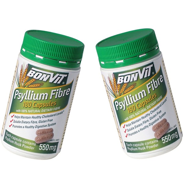 2 x 180 Capsules BONVIT Psyllium Fibre Capsules Gluten Free 550mg Husk Powder