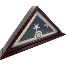 Coin and Coins 5x9 Burial/Funeral/Veteran Flag Elegant Display Case with Base, Solid Wood, Cherry Finish (Navy)