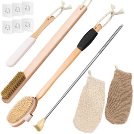 Vafada Wood Bath Brush,Long Handle Body Back Scrubber with Soft and Natural Bristles Antiskid Shower Brush Set for Bathroom Wet or Dry Exfoliating (6 Pack) (20.6'' Long Handle)