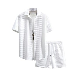 GORGLITTER Men's 2 Piece Outfits Waffle Knit Button Down Shirt Top and Shorts Set, White, Medium