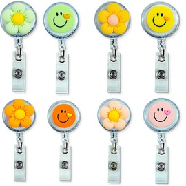 8 Pcs Cute Retractable Badge Holder Reel, Smiley Face and Sunflower Flower Nurse Badge Reel, Clip On Name Badge Tag with Belt Clip, ID Badge Reels Clip Card Holder for Office Workers Doctors Students