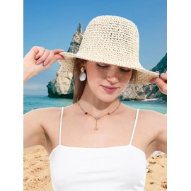 soul young Womens Straw Sun Hat Wide Brim Hand Woven Foldable Beach Bucket Hat for Summer Travel UV Protection UPF 50+(One Size,Beige & Khaki)