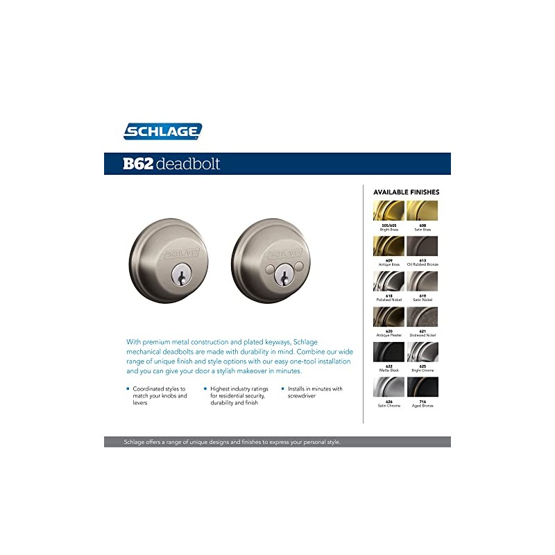 SCHLAGE B62N505 Deadbolt, Keyed 2 Sides, Bright Brass