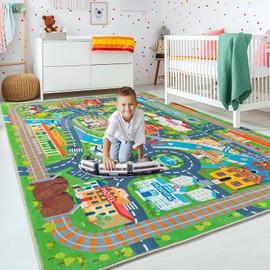 plumlik Car Rug Play Mat for Kids Toy Cars, Road Traffic Playmat for Kid Bedroom, Non-Slip Machine Washable Town City Race Track Carpet for Learn and Have Fun 7'x9'/ 84"x108"