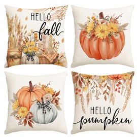 RABUSOFA Fall Pillow Covers 20x20 Inch Set of 4 Orange Pumpkin Dried Pampas Grass Floral Thanksgiving Autumn Decor Harvest Decorative Throw Cushion Cases Seasonal Outdoor Decorations for Home Couch