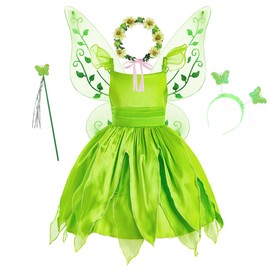 YOSICIL Princess Tiana Dress for Girls Tinkerbell Children with Butterfly Wings Wand Hair Band Carnival Cosplay Dress Birthday Party Green 110